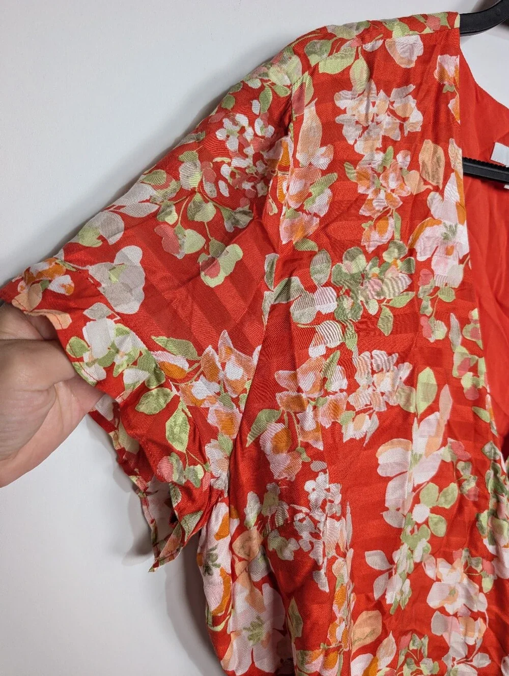 J. Jill Red Floral Wrap Summer Tropical Vacation Trip Ruffle Dress Size Large - Picture 3 of 11